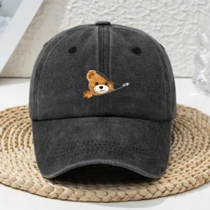 Casquette de baseball imprimée ours à fermeture éclair de dessin animé, polyvalente pour le printemps et l'été, capote rétro, chapeau de papa délavé et délavé - AliExpress
