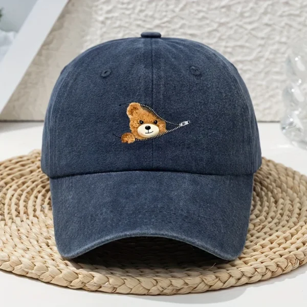 Casquette de baseball imprimée ours à fermeture éclair de dessin animé, polyvalente pour le printemps et l'été, capote rétro, chapeau de papa délavé et délavé - AliExpress - Image 5