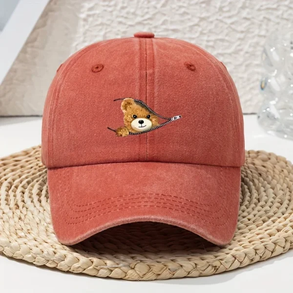 Casquette de baseball imprimée ours à fermeture éclair de dessin animé, polyvalente pour le printemps et l'été, capote rétro, chapeau de papa délavé et délavé - AliExpress - Image 4