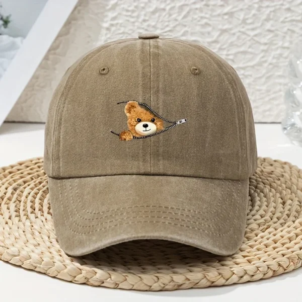 Casquette de baseball imprimée ours à fermeture éclair de dessin animé, polyvalente pour le printemps et l'été, capote rétro, chapeau de papa délavé et délavé - AliExpress - Image 2