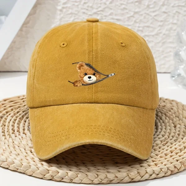 Casquette de baseball imprimée ours à fermeture éclair de dessin animé, polyvalente pour le printemps et l'été, capote rétro, chapeau de papa délavé et délavé - AliExpress - Image 3