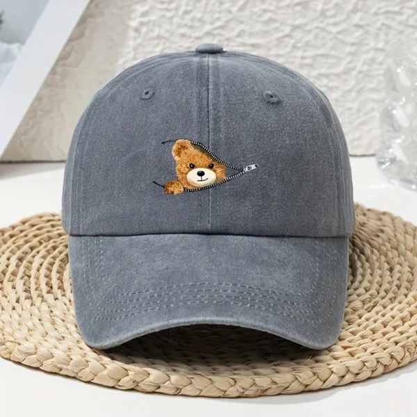 Casquette de baseball imprimée ours à fermeture éclair de dessin animé, polyvalente pour le printemps et l'été, capote rétro, chapeau de papa délavé et délavé - AliExpress - Image 6